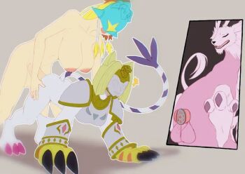 breasts chastity_cage digimon digimon_(creature) doggystyle dragon futa_with_female futanari hands_on_another's_hips holydramon large_breasts mask moaning nefertimon ofanimon sagging_breasts sex sex_from_behind