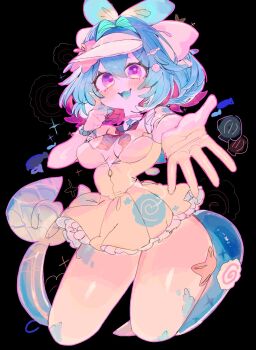 1girl black_background blue_hair blue_tongue breasts choker colored_inner_hair colored_tongue commentary commission cropped_legs double-parted_bangs dress fins fish_girl fish_hair_ornament fish_tail frilled_dress frills hair_between_eyes hair_intakes hair_ornament highres indie_virtual_youtuber large_breasts lazuli_(vtuber) looking_at_viewer multicolored_hair open_hand open_mouth pink_choker purple_eyes short_dress short_hair smile solo tail thighs usa37107692 virtual_youtuber visor_cap yellow_dress