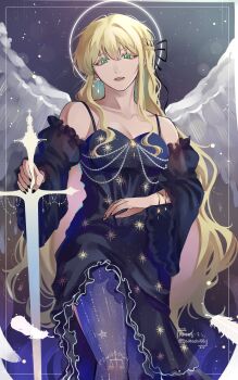 1girl absurdres black_dress blonde_hair blue_pantyhose breasts cleavage contrapposto detached_sleeves dress feathered_wings feet_out_of_frame green_eyes hair_over_shoulder halo halo_behind_head head_tilt highres holding holding_sword holding_weapon knee_up long_hair looking_at_viewer omniscient_reader&#039;s_viewpoint pantyhose parted_lips planted planted_sword planted_weapon saihachi06 solo spaghetti_strap sword uriel_(omniscient_reader&#039;s_viewpoint) very_long_hair weapon white_wings wings