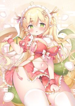 1girl ahoge black_panties blonde_hair blush bow breasts brown_horns chinese_clothes commentary_request cowboy_shot detached_collar dragon_girl dragon_horns dragon_tail dress flower_knot food food_between_breasts frilled_sleeves frilled_wrist_cuffs frills green_eyes hair_between_eyes hair_ornament hair_ribbon hairclip highres horn_bow horn_ornament horns large_breasts long_hair maid_headdress mandarin_collar navel original panties pantyshot pink_bow pointy_ears puffy_short_sleeves puffy_sleeves red_dress red_ribbon revealing_clothes ribbon short_sleeves solo steamed_bun striped_clothes striped_panties sweat tail tassel teardrop thighhighs thighs tsukimi_mumi underwear white_thighhighs wrist_cuffs yellow_nails