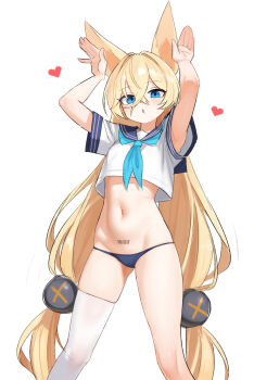 1girl absurdly_long_hair absurdres animal_ears armpit_peek arms_up barcode barcode_tattoo bikini black_bikini blonde_hair blue_eyes blue_neckerchief blue_sailor_collar cameltoe crop_top crop_top_overhang crossed_bangs faelynn_(girls'_frontline_2) fox_ears g41_(girls'_frontline) girls'_frontline girls'_frontline_2:_exilium hair_between_eyes hair_ornament heart highres long_hair looking_at_viewer lowleg lowleg_bikini navel neckerchief no_pants open_mouth sailor_collar shenqi_xiaohuang shirt short_sleeves simple_background single_thighhigh skindentation solo stomach string_bikini swimsuit tattoo thighhighs very_long_hair white_background white_shirt white_thighhighs