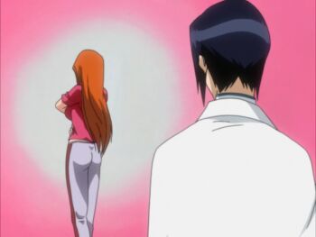 1boy 1girl animated animated_png ass bleach bouncing_breasts bra breasts broken_glasses glasses inoue_orihime ishida_uryuu large_breasts long_hair orange_hair pants pink_shirt screencap shirt sweatpants underwear undressing