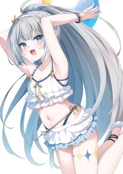 ahoge armpits arms_up ball beachball bikini blue_bikini blue_eyes blue_ribbon breasts chiyonekoko cleavage commentary extra_pupils fang female_tyrant_(stella_sora) frilled_bikini frills grey_hair hair_ornament hair_ribbon hairband high_ponytail highres holding holding_ball holding_beachball jumping key long_hair looking_at_viewer navel official_alternate_costume open_mouth pointy_ears ponytail ribbon simple_background small_breasts smile stella_sora stomach swimsuit tyrant_(stella_sora) very_long_hair white_background white_bikini white_hairband wristband