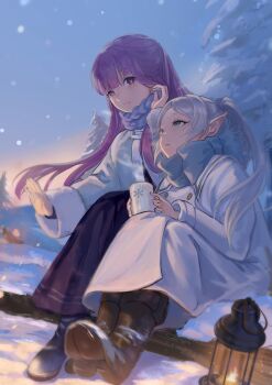 2girls asukayou blue_scarf chinese_commentary commentary cup elf fern_(sousou_no_frieren) frieren green_eyes highres holding holding_cup lantern legs_together long_hair long_skirt looking_at_another looking_up mug multiple_girls outdoors pine_tree pointy_ears purple_eyes purple_hair purple_skirt robe scarf short_eyebrows sitting skirt snow snow_on_tree sousou_no_frieren sparks steam stoking tree twintails white_hair white_robe winter