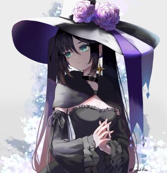 1girl alternate_costume aqua_eyes artist_name black_capelet black_choker black_dress black_hair black_hat capelet choker commentary detached_sleeves dress earrings expressionless flower frilled_sleeves frills genshin_impact hat hat_flower highres jewelry kusunoki_r long_hair looking_to_the_side mona_(genshin_impact) own_hands_together single_earring solo star_(symbol) star_earrings twintails upper_body
