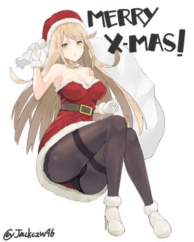 1girl ass bare_shoulders black_pantyhose blonde_hair blush breasts christmas cleavage cleavage_cutout clothing_cutout dress earrings female_focus gem hat headpiece highres j@ck jewelry large_breasts long_hair looking_at_viewer mythra_(massive_melee)_(xenoblade) mythra_(xenoblade) nintendo panties pantyhose santa_costume santa_dress solo super_smash_bros. swept_bangs tiara tsundere underwear white_background xenoblade_chronicles_(series) xenoblade_chronicles_2 yellow_eyes
