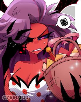 1boy 1girl angry bare_shoulders basket big_hair black_gloves black_horns black_trim blitzo_(helluva_boss) border bow breasts cheese cleavage clenched_teeth collarbone colored_sclera colored_skin commentary_request demon_girl demon_horns earrings fewer_digits food gloves grey_background hair_over_one_eye halftone hand_up hellaverse helluva_boss holding holding_basket horns jewelry large_breasts long_hair looking_at_another martha_(helluva_boss) menattou narrow_waist no_nose off-shoulder_shirt off_shoulder outline outside_border pink_bow pink_eyes pov pov_hands purple_hair purple_sclera red_shirt red_skin scene_reference sharp_teeth shirt simple_background skull_earrings solo_focus sparkle spoken_squiggle squiggle sweatdrop teeth torn_clothes torn_shirt twitter_username two-tone_shirt upper_body v-shaped_eyebrows very_long_hair white_border white_outline white_shirt