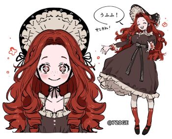 1girl artist_name bonnet brown_dress commentary_request curtained_hair dress drill_hair forehead frills full_body long_hair long_sleeves multiple_views natsuo_(720ge) original red_eyes red_hair ribbon speech_bubble symbol-shaped_pupils