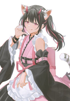 1boy animal_ear_fluff animal_ears black_hair black_sleeves blunt_bangs cho_kaguya-hime! commentary cowboy_shot crossdressing crossdressing_(mtf) detached_sleeves frilled_kimono frilled_sleeves frills hand_up highres horns japanese_clothes kimono komazawa_noi long_hair long_sleeves looking_at_viewer male_focus multicolored_hair pink_eyes pink_kimono shiyano simple_background smile solo streaked_hair symbol-only_commentary tail tiger_ears tiger_tail trap twintails white_background wide_sleeves