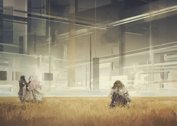 Rule 34 | 1other, 2girls, arknights, black hairband, black jacket, brown hair, doctor (arknights), dress, hairband, hood, hooded jacket, horns, jacket, melon22, multiple girls, pink hair, priestess (arknights), shirt, sitting, sketch, theresa (arknights), white dress, white shirt