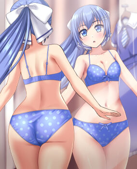 1girl :o absurdres ass back blue_bra blue_eyes blue_hair blue_panties blurry blurry_background blush bow bow_bra bow_panties bra breasts cleavage commentary_request commission crotch_seam depth_of_field fitting_room hair_ornament hair_ribbon hairclip highres indoors lace lace-trimmed_bra lace-trimmed_panties lace_trim looking_at_viewer navel original panties partial_commentary pixiv_commission polka_dot polka_dot_bra polka_dot_panties ponytail reflection ribbon school_uniform small_breasts solo standing underwear underwear_only unworn_clothes white_ribbon zanntetu