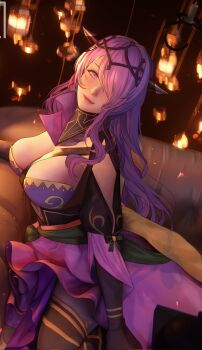 Rule 34 | 1girl, artist name, breasts, camilla (alluring darkness) (fire emblem), camilla (fire emblem), cleavage, close-up, closed mouth, commentary, couch, crown, dress, english commentary, fake horns, fire emblem, fire emblem fates, fire emblem heroes, frilled dress, frills, gloves, hair over one eye, highres, horned headwear, horns, irisli0224, large breasts, long hair, looking at viewer, nintendo, official alternate costume, on couch, pantyhose, purple dress, purple eyes, purple hair, sleeve slit, smile, solo, tiara, very long hair, wavy hair