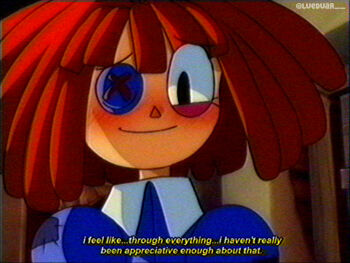 1990s_(style) 1girl blue_shirt blush button_eyes buttons closed_mouth collared_shirt english_text lueduar medium_hair nose_blush portrait ragatha_(the_amazing_digital_circus) red_hair retro_artstyle scene_reference shirt smile solo subtitled the_amazing_digital_circus twitter_username vhs_artifacts