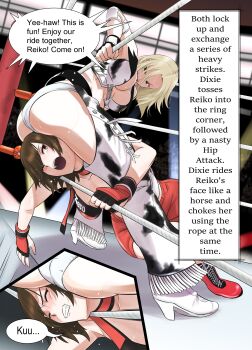 2girls absurdres animal_print ass blonde_hair breasts brown_hair chaps choke_hold clenched_teeth closed_mouth cow_print cowboy_western dixie_clemets fingerless_gloves gloves highres hinomoto_reiko hip_attack indoors kineluchs large_breasts medium_breasts medium_hair mma_gloves multiple_girls pain rumble_roses short_hair sitting sitting_on_face sitting_on_person strangling sweat teeth vest wrestler wrestling wrestling_outfit wrestling_ring