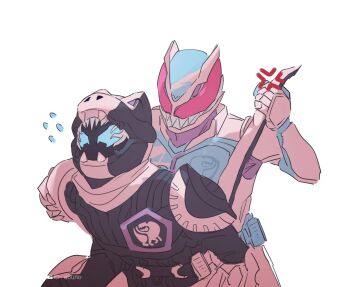 2boys anger_vein angry aouno armor belt blue_eyes demon demon_boy demon_tail dinosaur dinosaur_tail helmet highres igarashi_ikki kamen_rider kamen_rider_revi kamen_rider_revice kamen_rider_vice lofter_username male_focus mask masked masked_male multiple_boys pink_armor pink_eyes pink_scarf pulling_tail scarf sharp_teeth sweat sweatdrop tail tail_pull teeth tyrannosaurus_rex vice_(kamen_rider_revice)