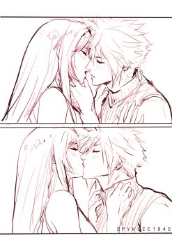 1boy 1girl absurdres bare_shoulders blush closed_eyes cloud_strife commentary couple earrings english_commentary facing_another final_fantasy final_fantasy_vii final_fantasy_vii_rebirth final_fantasy_vii_remake from_side hand_on_another's_cheek hand_on_another's_face hetero highres jewelry kiss long_hair monochrome open_mouth profile ribbed_sweater sequential short_hair sleeveless sleeveless_turtleneck spiked_hair spykeee stud_earrings sweater tank_top tifa_lockhart turtleneck turtleneck_sweater twitter_username upper_body