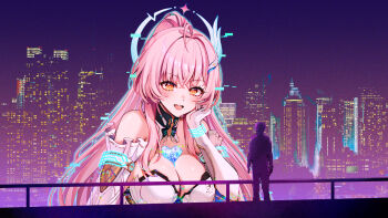 Rule 34 | 1boy, 1girl, aemeath (wuthering waves), bare shoulders, black jacket, black pants, blade runner (series), blade runner 2049, breasts, cleavage, commentary, elbow gloves, english commentary, foxyreine, glitch, gloves, hand on own face, highres, jacket, large breasts, long hair, male rover (wuthering waves), meme, night, open mouth, orange eyes, pants, pink hair, ponytail, rover (wuthering waves), skyline, smile, standing, white gloves, wuthering waves, you look lonely (meme)