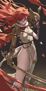 1girl absurdres armor breasts cape chinese_commentary commentary_request elden_ring gold_armor helmet highres holding holding_sword holding_weapon long_hair looking_at_viewer malenia_blade_of_miquella mechanical_arms prosthesis prosthetic_arm red_cape red_hair single_mechanical_arm small_breasts solo sword weapon winged_helmet xzu yellow_eyes