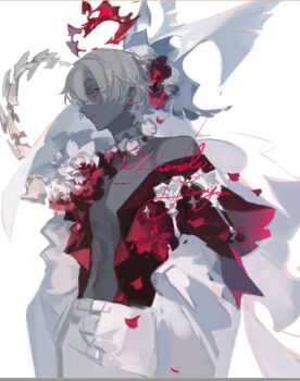 1boy blonde_hair colored_skin dark-skinned_male dark_skin earrings flower from_side grey_skin hair_between_eyes halo highres jewelry liulianjingrua male_focus navel open_clothes original pants petals red_eyes red_flower red_rose rose short_hair simple_background solo white_background white_flower white_pants white_rose