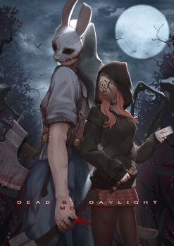 2girls axe black_choker black_hoodie black_pantyhose blood bloody_weapon choker commentary_request dead_by_daylight english_text highres holding holding_axe holding_knife hood hood_up hoodie knife marumoru mask moon multiple_girls night night_sky pantyhose phone pink_hair pink_skirt rabbit_mask skirt sky susie_lavoie suspenders the_huntress_(dead_by_daylight) the_legion_(dead_by_daylight) weapon