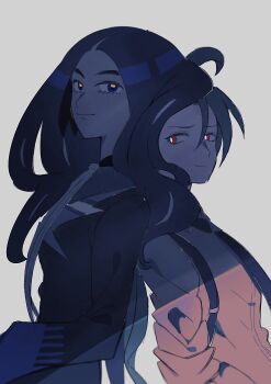 2girls absurdres alternate_breast_size_(larger) awapontasu back-to-back black_hair black_jacket blue_eyes breasts commentary_request dark-skinned_female dark_skin geeta_(pokemon) green_hair highres jacket long_hair medium_breasts multiple_girls nintendo pokemon pokemon_sv red_eyes rika_(pokemon) shade smile suspenders