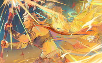 2girls axe bleeding blood blood_on_hands brown_hair cape circlet clenched_teeth crop_top dress final_fantasy final_fantasy_xiv furry hands_on_another&#039;s_back highres holding holding_axe hrothgar hyur lion_girl multiple_girls reneelric sphene_(ff14) spirit teeth tiara wuk_lamat