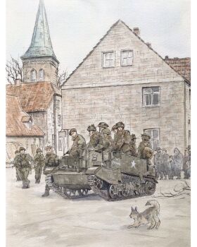 6+boys atelier_bono beret bolt_action border british_army camouflage camouflage_jacket commentary_request dog green_pants gun hat highres jacket lee-enfield military_combat_uniform military_uniform multiple_boys original painting_(medium) pants red_hat riding rifle sten_gun submachine_gun town traditional_media universal_carrier watercolor_(medium) weapon white_border world_war_ii