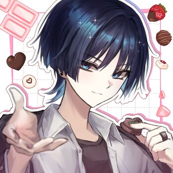 Rule 34 | 1boy, absurdres, alternate costume, black hair, blue eyes, blunt ends, blurry, candy, chocolate, chocolate heart, closed mouth, collared shirt, commentary request, contemporary, depth of field, earrings, empty eyes, food, fruit, genshin impact, grey shirt, hands up, heart, heart-shaped food, highres, holding, holding food, jewelry, korean commentary, layered shirt, looking at viewer, male focus, offering hand, open clothes, open hand, open shirt, outline, portrait, reaching, reaching towards viewer, scaramouche (genshin impact), school uniform, shirt, smile, solo, strawberry, talking ok, tsurime, undershirt, white background, white outline, white shirt