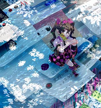 Rule 34 | 1girl, black skirt, brown eyes, brown hair, cellphone, checkered clothes, checkered skirt, commentary request, flip phone, hat, highres, himekaidou hatate, holding, holding phone, itomugi-kun, long hair, looking at viewer, necktie, open mouth, phone, pink shirt, pointy ears, puffy short sleeves, puffy sleeves, purple hat, purple skirt, ripples, shirt, short sleeves, sitting, skirt, soaking feet, solo, tokin hat, touhou, translation request, twintails, two-tone skirt, water