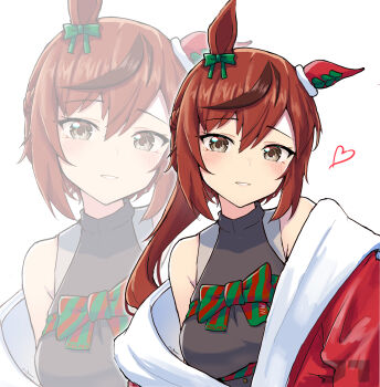 1girl :d absurdres alternate_costume alternate_hairstyle animal_ears bare_shoulders black_shirt blonde_hair bow breasts brown_eyes brown_hair coat commentary_request ear_bow ear_covers fur-trimmed_coat fur_trim greenbow hair_between_eyes halter_shirt halterneck heart highres horse_ears horse_girl jtleeklm long_hair looking_at_viewer medium_breasts multicolored_hair nice_nature_(umamusume) open_mouth red_coat shirt single_ear_cover smile solo streaked_hair striped_bow umamusume upper_body white_background zoom_layer