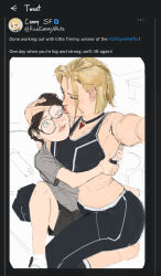 absurdres aged_down anonymous blonde_facial_hair blonde_hair blonde_pubic_hair bulge cammy_white cultofpersonality erection erection_under_clothes facial_hair highres kiss kissing_forehead older_female_and_younger_male older_male_and_younger_male shota sitting sitting_on_lap sitting_on_person street_fighter street_fighter_6 tweet twitter twitter_username younger_boy