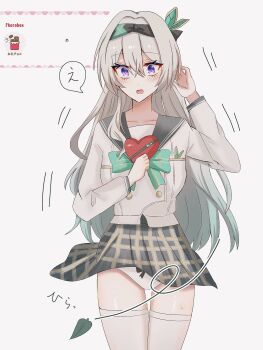 Rule 34 | 1girl, black hairband, black sailor collar, box, candy, chocolate, chocolate bar, clothes lift, firefly (honkai: star rail), firefly (spring missive) (honkai: star rail), food, grey hair, hairband, heart, heart-shaped box, highres, holding, holding heart, honkai: star rail, honkai (series), leaf, long hair, looking at viewer, multicolored eyes, nemuii15 oo, official alternate costume, open mouth, panties, pantyshot, sailor collar, shirt, simple background, skirt, skirt lift, solo, speech bubble, thighhighs, thighs, translation request, two-tone eyes, underwear, very long hair, white background, white panties, white shirt, white thighhighs, wind, wind lift, zettai ryouiki
