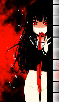 1girl black_hair black_serafuku bottomless commentary_request convenient_censoring enma_ai jigoku_shoujo kuromasa_shisei long_hair looking_at_viewer mouth_hold navel neckerchief red_eyes red_neckerchief school_uniform serafuku shouji sliding_doors solo thigh_gap