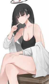 1girl bare_shoulders black_hair blue_archive breasts cleavage commentary_request crossed_legs froha11037 hair_ornament hairclip halo highres long_hair looking_at_viewer off_shoulder red_eyes ringed_eyes rio_(blue_archive) simple_background sitting solo white_background