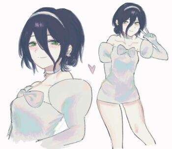 1girl black_hair bow chainsaw_man chest_bow choker commentary cosplay dress dress_bow elbow_gloves english_commentary gloves green_eyes hairband heart highres ic6pid multiple_views reze_(chainsaw_man) short_hair smile strapless strapless_dress sua_(alien_stage) sua_(alien_stage)_(cosplay) v white_bow white_choker white_gloves white_hairband