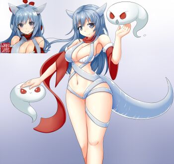 1girl 2others asymmetrical_bangs bikini blue_hair breasts cleavage clothing_request cowboy_shot derivative_work detached_sleeves drawfag hair_between_eyes highres large_breasts long_hair looking_at_viewer micro_bikini monster multiple_others navel original red_eyes red_neckwear red_scarf red_sleeves reference_photo reference_work revealing_clothes scarf shiny_skin short_sleeves smile swimsuit tail tareme waifulabs