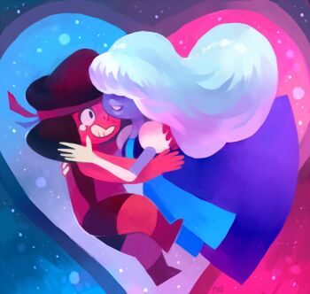 2girls blue_skin colored_skin dress elbow_gloves glitchedpuppet gloves hair_over_eyes headband heart hug multicolored_background multiple_girls red_skin ruby_(steven_universe) sapphire_(steven_universe) silver_hair sleeveless smile steven_universe tears