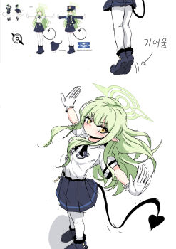 Rule 34 | 1girl, arrow (symbol), black boots, black ribbon, black skirt, blue archive, blush, boots, chilong (heronas), commentary request, demon tail, feet, foot focus, gloves, green hair, green halo, halo, highres, hikari (blue archive), korean text, long hair, long sidelocks, looking at viewer, multiple views, neck ribbon, official art inset, outstretched arms, pantyhose, pleated skirt, pointy ears, prototype design, ribbon, shirt, short sleeves, sidelocks, skirt, tail, tiptoes, translation request, white background, white gloves, white pantyhose, white shirt, yellow eyes