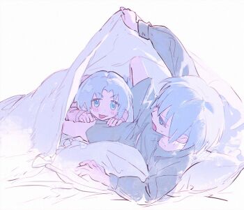 2boys aged_down annoyed argentum_1121 bed bed_sheet blanket blue_eyes brothers dante_(devil_may_cry) devil_may_cry_(series) holding male_focus multiple_boys on_bed pajamas pillow pov_across_bed siblings smile twins under_covers vergil_(devil_may_cry) white_hair