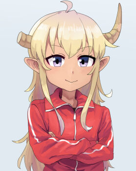 Rule 34 | 1girl, ahoge, blonde hair, blue background, blush, closed mouth, collared jacket, commentary request, cosplay, crossed arms, demon girl, demon horns, fuka (kantoku), gokusen, horns, jacket, lilith (machikado mazoku), lilith (true form) (machikado mazoku), long hair, looking at viewer, machikado mazoku, pointy ears, purple eyes, red jacket, simple background, smile, solo, track jacket, upper body, yamaguchi kumiko, yamaguchi kumiko (cosplay)