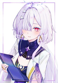 0_tsunamayo_0 1girl absurdres blush breasts chromatic_aberration closed_mouth commentary earrings hair_intakes hair_ornament hair_over_one_eye halo highres holding jacket jewelry long_hair looking_at_viewer mornye_(wuthering_waves) multiple_rings red_eyes ring small_breasts solo triangle_earrings upper_body white_jacket wuthering_waves