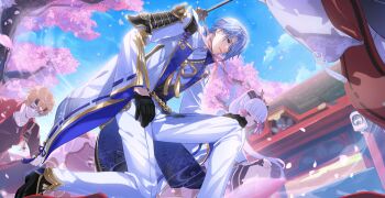 2boys 2girls absurdres architecture armor ayaka_(genshin_impact) black_footwear black_gloves black_pants black_shirt black_skirt blonde_hair blue_hair blue_kimono blunt_bangs brother_and_sister building camellia_print cherry_blossoms closed_eyes closed_mouth coat crossed_bangs day east_asian_architecture expressionless fake_horns falling_petals floral_print foot_out_of_frame from_below genshin_impact gloves hair_between_eyes half_gloves highres horns jacket japanese_armor japanese_clothes kamisato_ayato kimono lapels light_blue_hair light_smile long_hair long_sleeves male_focus miko mole mole_under_mouth multiple_boys multiple_girls on_one_knee open_clothes open_coat open_jacket out_of_frame pants petals ponytail purple_eyes red_jacket ribbon-trimmed_sleeves ribbon_trim shirt shoes short_hair shoulder_armor siblings skirt sode tassel thoma_(genshin_impact) tree wand white_coat white_pants wide_sleeves zassyoku_dd