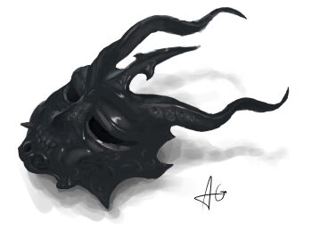 absurdres empty_eyes highres horns mask no_humans object_focus painterly shadow shadow_slave simple_background still_life thatanimeguyondisc white_background