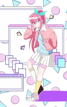 Rule 34 | 1girl, alternate costume, aqua eyes, aqua hairband, arm behind back, asymmetrical legwear, aubrey (faraway) (omori), aubrey (omori), b hong, blue sweater, bow, bow hairband, circle, closed mouth, collared shirt, cursor, denim, denim jacket, double horizontal stripe, expressionless, eyes visible through hair, footwear bow, full body, hair between eyes, hair over one eye, hairband, hand up, hashtag-only commentary, high ponytail, highres, hood, hood down, jacket, kneehighs, knees apart feet together, light frown, long hair, long sleeves, miniskirt, mismatched socks, omori, open clothes, open jacket, outline, pink bow, pink hair, pink jacket, pleated skirt, pocket, ponytail, puffy long sleeves, puffy sleeves, shirt, shoes, sidelocks, simple background, skirt, sneakers, socks, solo, square, sweater, triangle, very long hair, white background, white hood, white outline, white shirt, white shoes, white skirt, white socks, window (computing), yellow socks