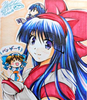 Rule 34 | > <, 3girls, ainu clothes, arms up, artist name, black eyes, blue eyes, blue hair, breasts, brown hair, cherry blossoms, chibi, closed eyes, dated, fingerless gloves, gloves, hair ribbon, legs, long hair, looking at viewer, medium breasts, multiple girls, nakoruru, open mouth, rera, ribbon, rimururu, samurai spirits, short hair, siblings, sisters, smile, snk, the king of fighters, thighs, traditional media