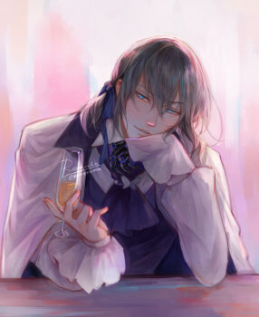 ascot black_ascot blue_eyes blue_ribbon champagne_flute commentary cup drinking_glass english_commentary fate/grand_order fate_(series) grey_hair hair_between_eyes highres holding holding_cup long_sleeves oberon_(fate) oberon_(third_ascension)_(fate) parted_lips renrenka_noi ribbon shirt short_hair solo upper_body white_shirt