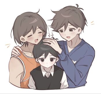3boys =_= alternate_eye_color antenna_hair black_eyes black_hair black_sweater_vest blue_sweater blush brothers brown_eyes brown_hair closed_eyes collarbone collared_shirt dark-skinned_male dark_skin double-parted_bangs hair_between_eyes height_difference hero_(faraway)_(omori) hero_(omori) highres kel_(faraway)_(omori) kel_(omori) long_sleeves looking_at_another multiple_boys omori open_mouth shirt short_hair short_sleeves siblings simple_background smile sunny_(omori) sweater sweater_vest white_background white_shirt wktdms1