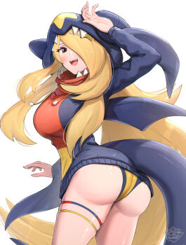 1girl absurdres ass blonde_hair blush breasts cosplay cynthia_(pokemon) fangs fins garchomp garchomp_(cosplay) gen_4_pokemon gonzarez grey_eyes hair_ornament hair_over_one_eye highres hood hood_up hoodie large_breasts long_hair looking_at_viewer nintendo one-piece_swimsuit open_mouth pokemon pokemon_dppt simple_background smile solo swimsuit teeth thigh_strap upper_teeth_only very_long_hair white_background