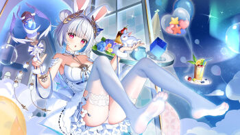 1girl animal animal_ears artist_request balloon blue_eyeliner blue_flower blue_nails blueberry breasts bubble building character_request cherry cloud cube dress drinking_straw eyeliner feet flower food fruit heart heart_balloon highres holding holding_animal holding_rabbit holding_wand ice ice_cube large_breasts leaf lemon makeup night official_art official_wallpaper open_mouth orange_flower panties pink_eyes pink_flower purple_flower rabbit rabbit_ears rabbit_tail rebellion_godsoul star_(sky) star_(symbol) strawberry tail thighhighs underwear wand white_dress white_hair white_panties white_thighhighs window yellow_flower