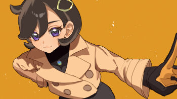 1girl black_bodysuit black_gloves black_hair blush bodysuit bodysuit_under_clothes breasts brown_jacket closed_mouth dark-skinned_female dark_skin emma_(pokemon) gloves hair_ornament highres jacket latex latex_bodysuit looking_at_viewer mega_stone nintendo orange_gloves pokemon pokemon_legends:_z-a purple_eyes short_hair simple_background smile solo watashi_momo yellow_background